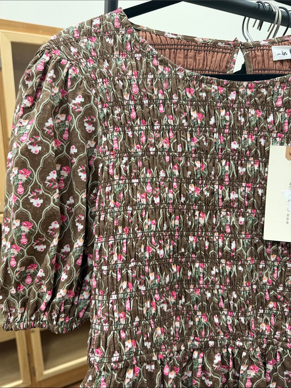 Smocked Puff Sleeve Maxi Dress in Brown with Pink Floral - Picture 3 of 4
